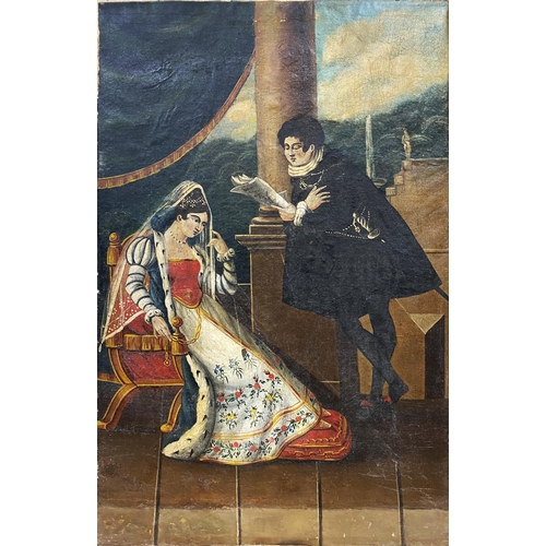 492 - 19th century school - Medieval romantic scene, unsigned, oil on canvas, 84 x 54cm