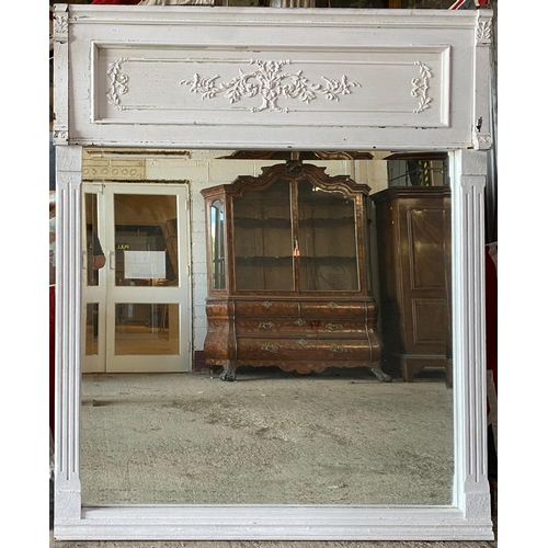 2411 - Impressive 19th century French over mantle mirror with distressed painted finish and bevelled glass,... 