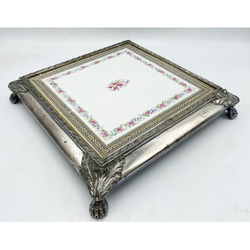 110 - 19th century silver plated cake or cheese stand, fitted with a hand painted tile, 29 x 29cm