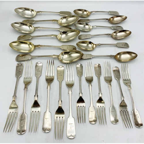 147 - Collection of 1940s silver fiddle pattern flatware, 6 table and dessert forks and spoons, maker Jame... 