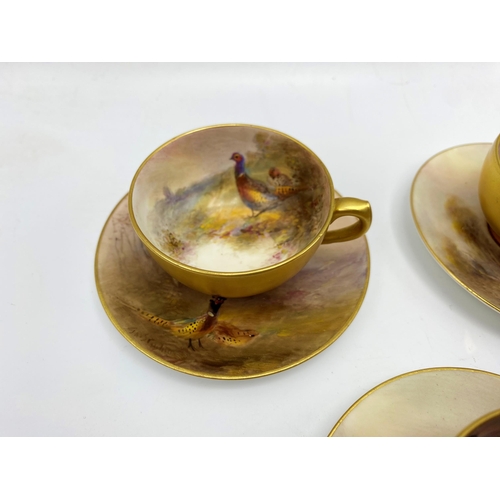 2077 - Set of six Royal Worcester painted Pheasant coffee cups and saucers, by James Stinton, saucer width ... 