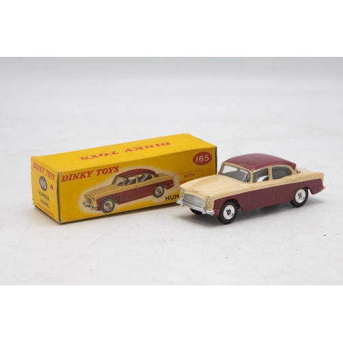 3049 - Dinky Toys 165 Humber Hawk, maroon and beige, correct box two-tone colour spot, very near mint and b... 