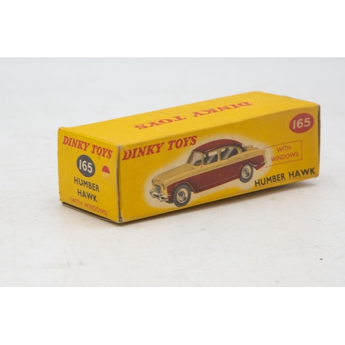 3049 - Dinky Toys 165 Humber Hawk, maroon and beige, correct box two-tone colour spot, very near mint and b... 