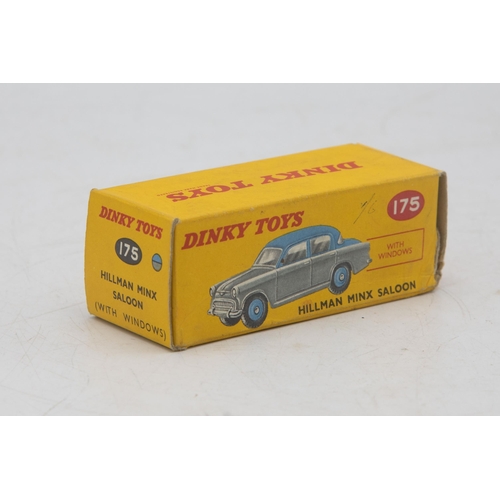 3063 - Dinky Toys 175 Hilman Minx Saloon, two-tone blue and grey, correct box colour spot,  mint and boxed