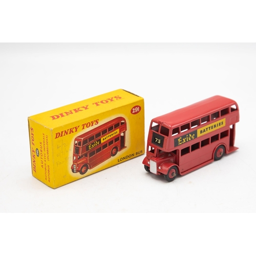 3078 - Dinky Toys  291 London Bus, No. 73 Excide Batteries, sharp box no tears, minor period graffiti, mode... 