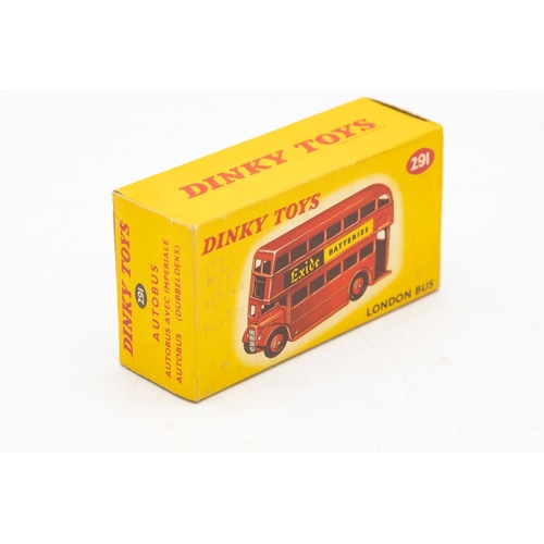 3078 - Dinky Toys  291 London Bus, No. 73 Excide Batteries, sharp box no tears, minor period graffiti, mode... 