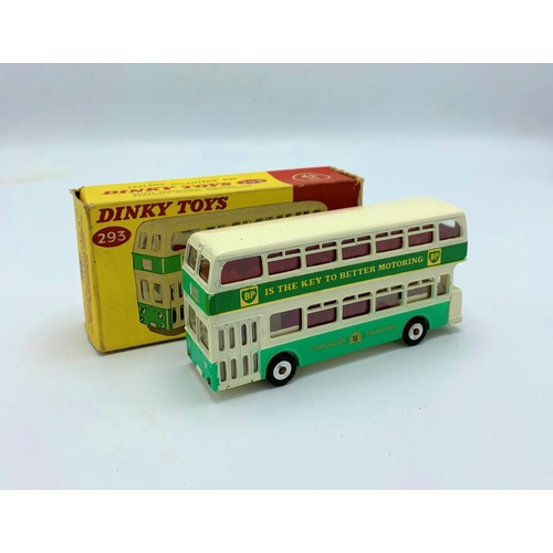 3083 - Dinky Toys 293 Leyland Atlantean Bus, green and white, spun hubs, 'BP  is the Key to Better Motoring... 