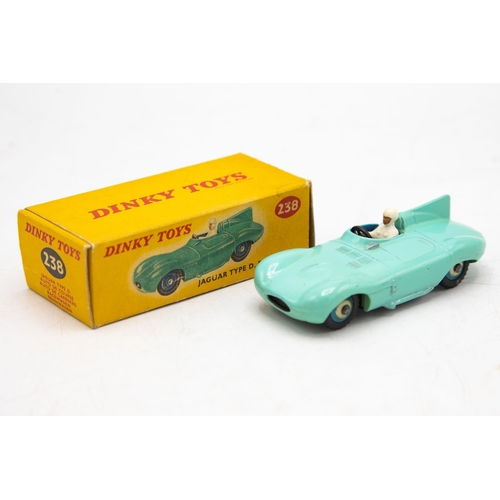 3096 - Dinky Toys 238 Jaguar Type D Racing Car, crisp box, minor detailing on mirror, hubs and exhaust, nea... 