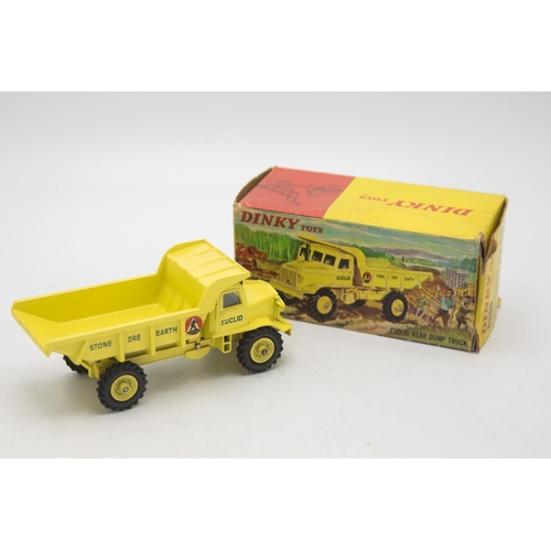 3104 - Dinky Toys 965 Euclid Rear Dump Truck, late picture box showing a forest clearing construction site,... 