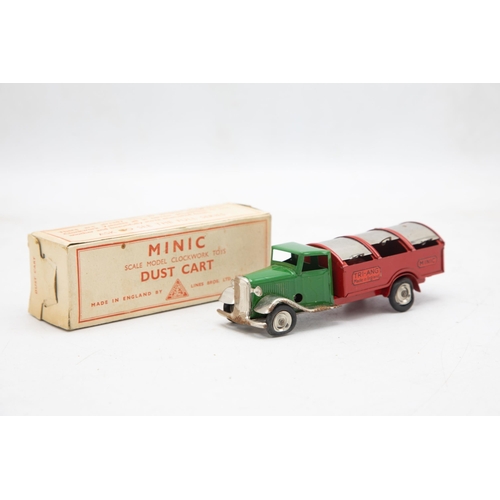 3150 - Tri-ang Minic Dust Cart No. 32M, long bonnet type, green cab, red back and plated wings, radiator, a... 