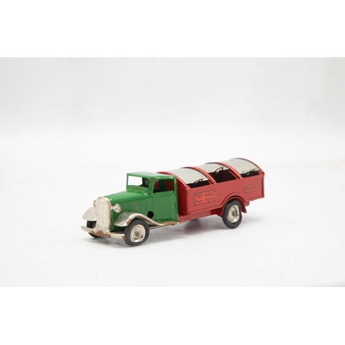 3150 - Tri-ang Minic Dust Cart No. 32M, long bonnet type, green cab, red back and plated wings, radiator, a... 