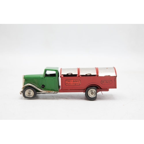 3150 - Tri-ang Minic Dust Cart No. 32M, long bonnet type, green cab, red back and plated wings, radiator, a... 