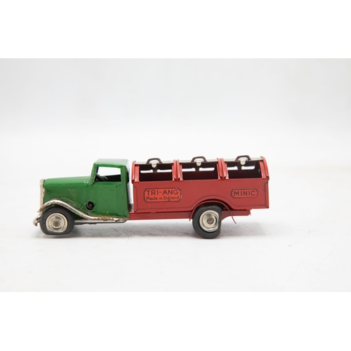 3150 - Tri-ang Minic Dust Cart No. 32M, long bonnet type, green cab, red back and plated wings, radiator, a... 