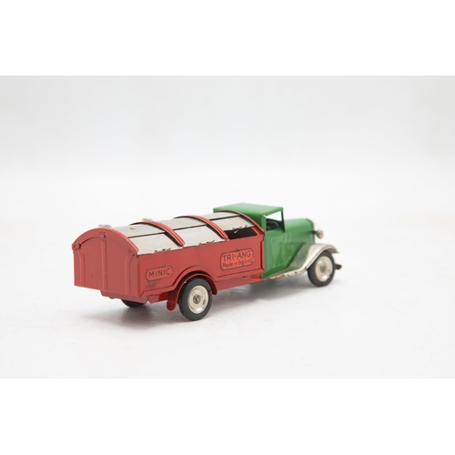 3150 - Tri-ang Minic Dust Cart No. 32M, long bonnet type, green cab, red back and plated wings, radiator, a... 