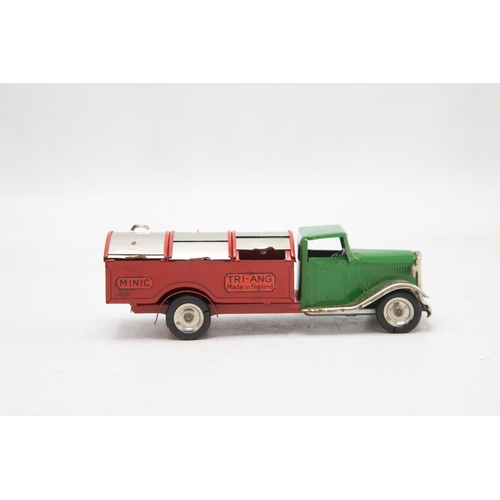 3150 - Tri-ang Minic Dust Cart No. 32M, long bonnet type, green cab, red back and plated wings, radiator, a... 