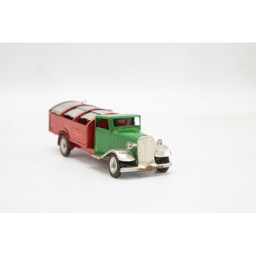 3150 - Tri-ang Minic Dust Cart No. 32M, long bonnet type, green cab, red back and plated wings, radiator, a... 