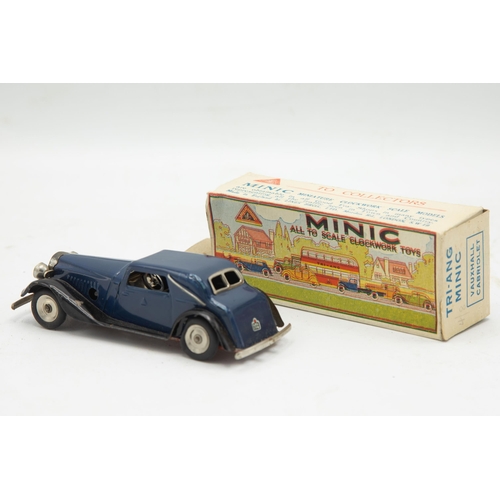 3153 - Tri-ang Minic Vauxhall Cabriolet 19M, blue, tin-plate, clockwork (working), flaps missing one end, v... 