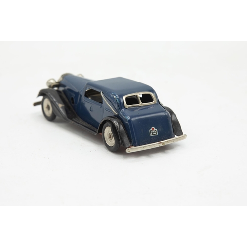 3153 - Tri-ang Minic Vauxhall Cabriolet 19M, blue, tin-plate, clockwork (working), flaps missing one end, v... 