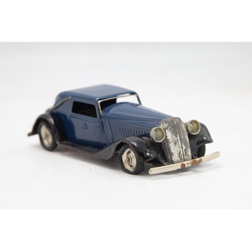 3153 - Tri-ang Minic Vauxhall Cabriolet 19M, blue, tin-plate, clockwork (working), flaps missing one end, v... 