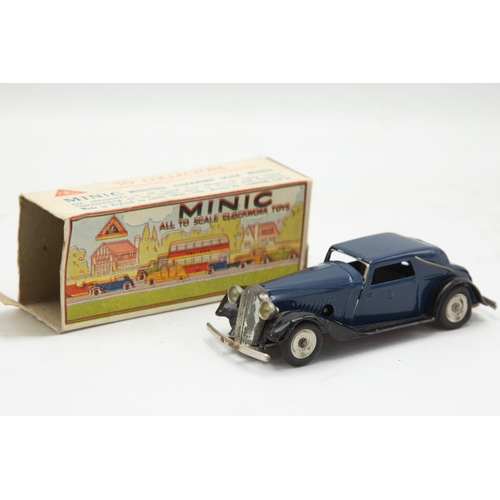 3153 - Tri-ang Minic Vauxhall Cabriolet 19M, blue, tin-plate, clockwork (working), flaps missing one end, v... 