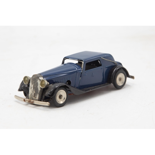 3153 - Tri-ang Minic Vauxhall Cabriolet 19M, blue, tin-plate, clockwork (working), flaps missing one end, v... 