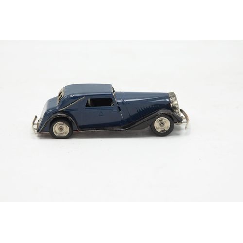 3153 - Tri-ang Minic Vauxhall Cabriolet 19M, blue, tin-plate, clockwork (working), flaps missing one end, v... 