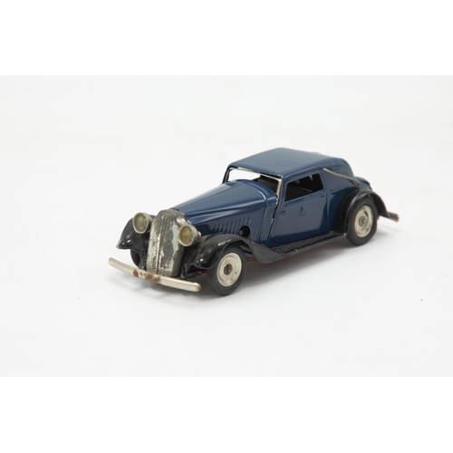 3153 - Tri-ang Minic Vauxhall Cabriolet 19M, blue, tin-plate, clockwork (working), flaps missing one end, v... 