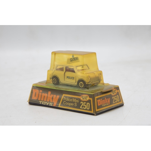 3158 - Dinky Toys 250 Police Mini Cooper S, old shop stock (never removed from box), Mint and plinth bubble... 