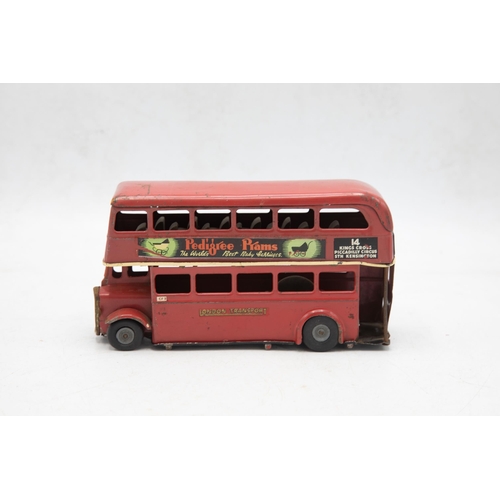 3160 - Tri-ang Minic 60M Double Deck Bus, tin-plate, London Transport No. 14 destination board Putney, adve... 