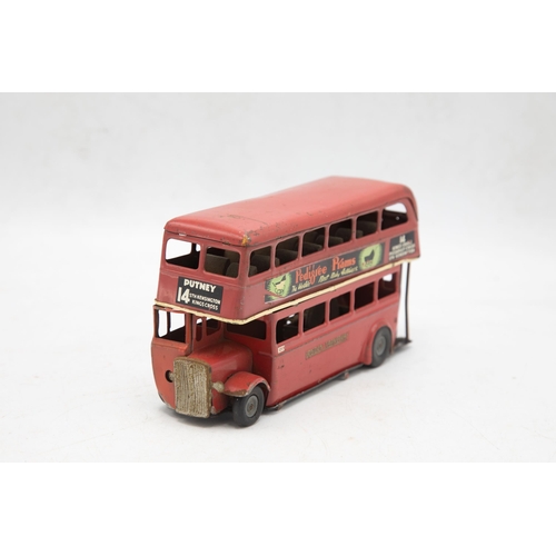 3160 - Tri-ang Minic 60M Double Deck Bus, tin-plate, London Transport No. 14 destination board Putney, adve... 