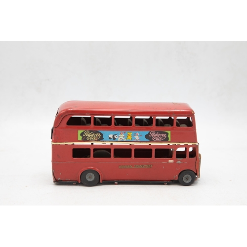 3160 - Tri-ang Minic 60M Double Deck Bus, tin-plate, London Transport No. 14 destination board Putney, adve... 