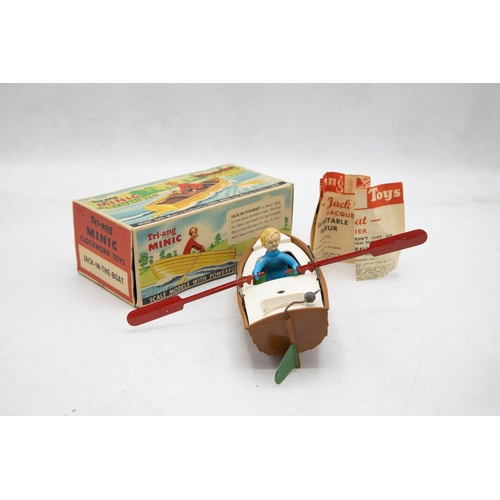 3174 - Tri-ang Minic Clockwork Rowing Boat, Jack in the Boat, working and charming idea, with Instruction a... 