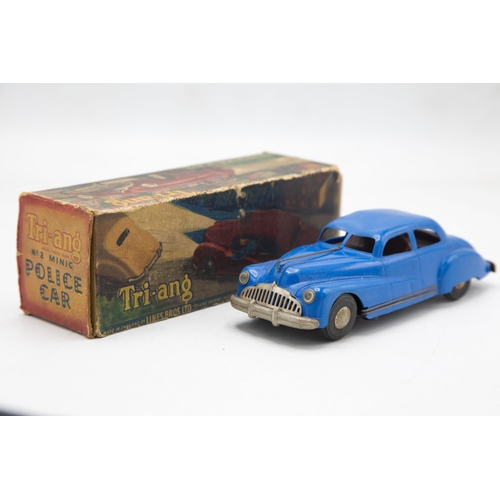 3179 - Tri-ang Minic No 2 series Buick, clockwork, blue plastic body, brown interior, packing piece in box,... 