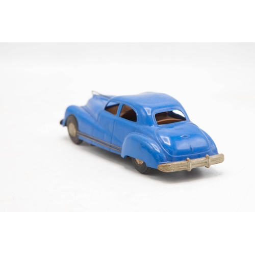 3179 - Tri-ang Minic No 2 series Buick, clockwork, blue plastic body, brown interior, packing piece in box,... 