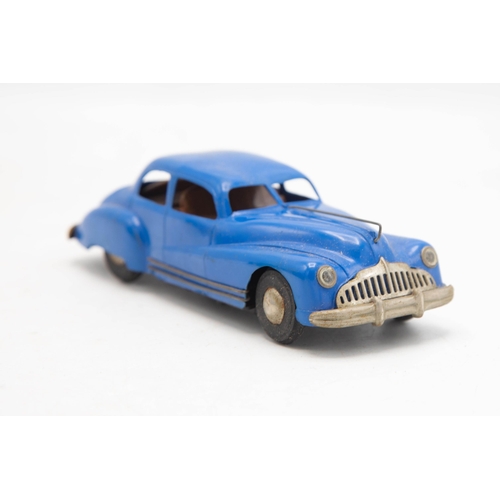 3179 - Tri-ang Minic No 2 series Buick, clockwork, blue plastic body, brown interior, packing piece in box,... 