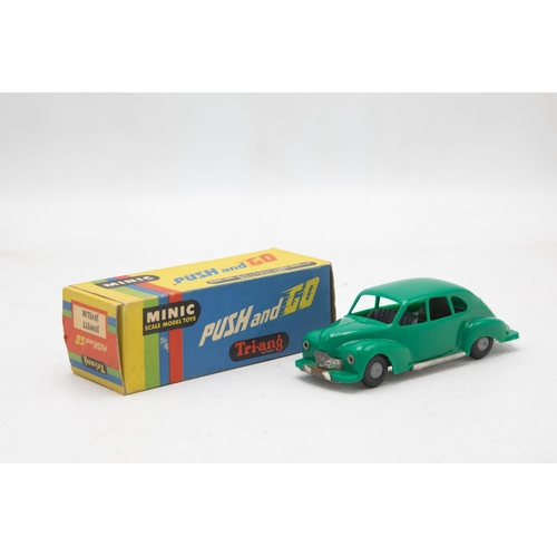 3185 - Tri-ang Minic Push and Go Jowett Javelin, green plastic body on tin-plate base, mint and boxed