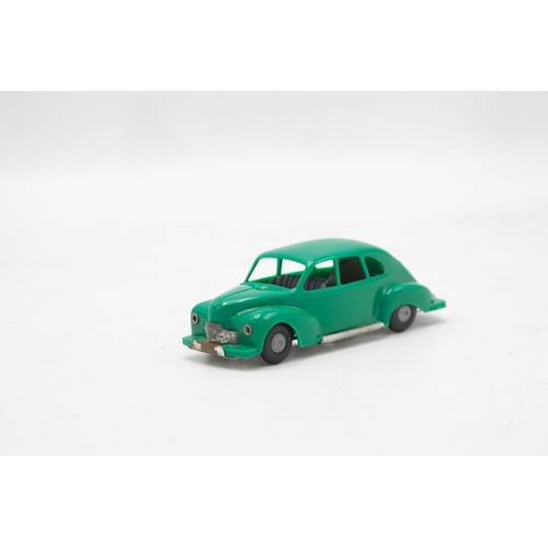 3185 - Tri-ang Minic Push and Go Jowett Javelin, green plastic body on tin-plate base, mint and boxed