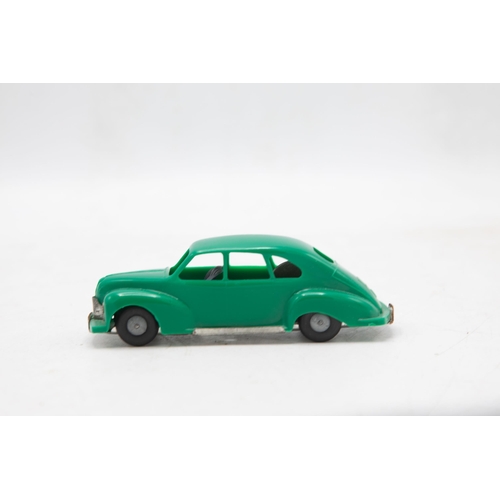 3185 - Tri-ang Minic Push and Go Jowett Javelin, green plastic body on tin-plate base, mint and boxed