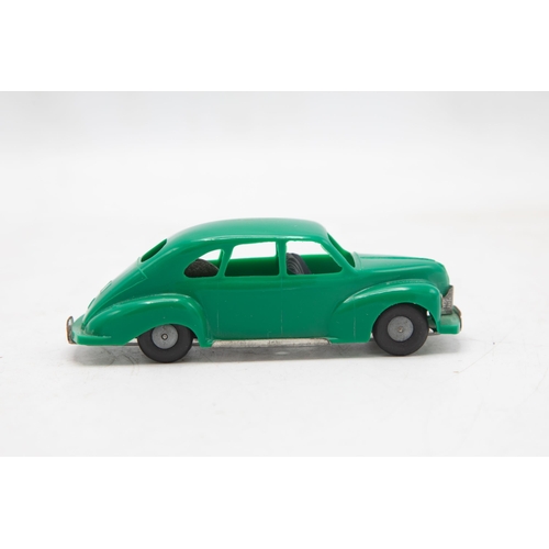 3185 - Tri-ang Minic Push and Go Jowett Javelin, green plastic body on tin-plate base, mint and boxed