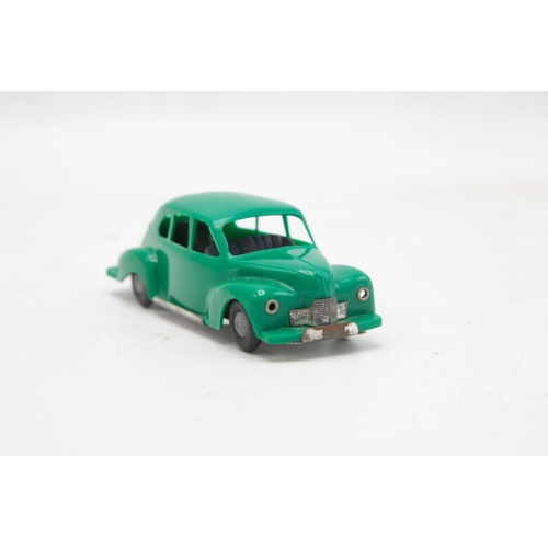 3185 - Tri-ang Minic Push and Go Jowett Javelin, green plastic body on tin-plate base, mint and boxed