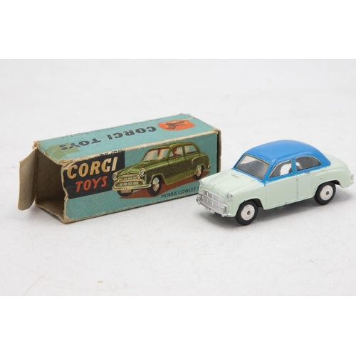 3195 - Corgi Toys 202 Morris Cowley Saloon, two tone blue roof blue/mint green,  tin base, end flap missing... 