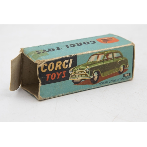 3195 - Corgi Toys 202 Morris Cowley Saloon, two tone blue roof blue/mint green,  tin base, end flap missing... 