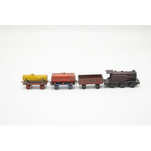 3206 - Dinky Toys Meccano, pre-war 'Mixed Goods Train Set' containing Locomotive, Tanker, Log Wagon and Ope... 