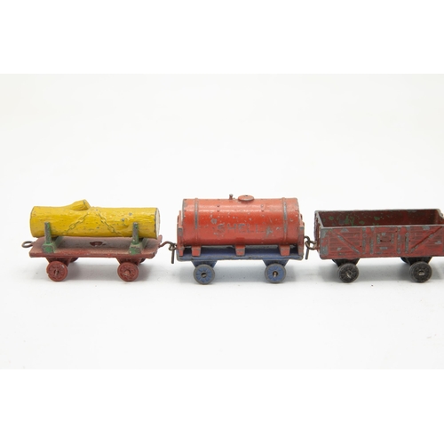 3206 - Dinky Toys Meccano, pre-war 'Mixed Goods Train Set' containing Locomotive, Tanker, Log Wagon and Ope... 