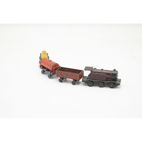 3206 - Dinky Toys Meccano, pre-war 'Mixed Goods Train Set' containing Locomotive, Tanker, Log Wagon and Ope... 