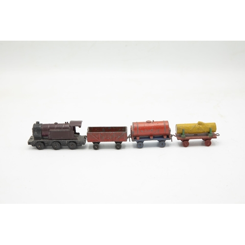 3206 - Dinky Toys Meccano, pre-war 'Mixed Goods Train Set' containing Locomotive, Tanker, Log Wagon and Ope... 