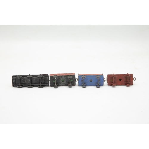 3206 - Dinky Toys Meccano, pre-war 'Mixed Goods Train Set' containing Locomotive, Tanker, Log Wagon and Ope... 