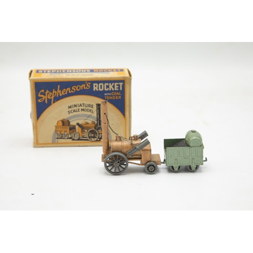 3212 - Benbros Qualitoy Stephenson's Rocket, gold Locomotive with green Coal Tender, 10cm long, containing ... 