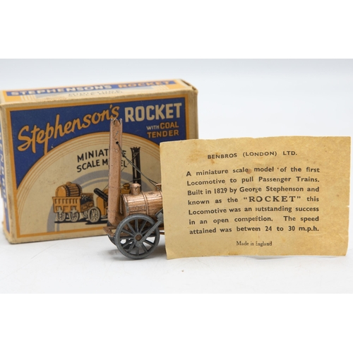 3212 - Benbros Qualitoy Stephenson's Rocket, gold Locomotive with green Coal Tender, 10cm long, containing ... 