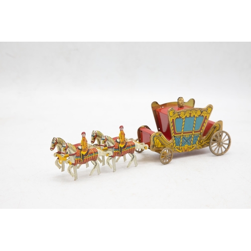 3240 - Wells Brimtoy 'The Coronation Coach', 1953, comprising of Tinplate Coach, 4 x Horse Team with 2 x Dr... 